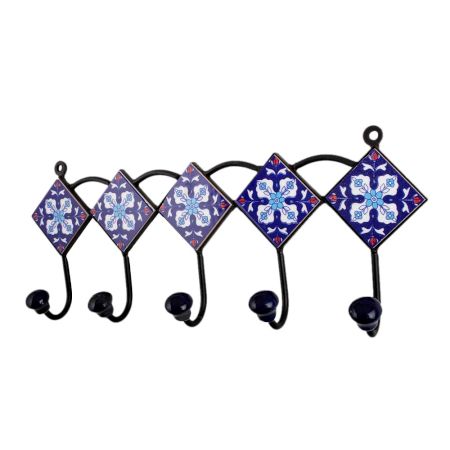 Navy Blue White Floral Tiles Hooks